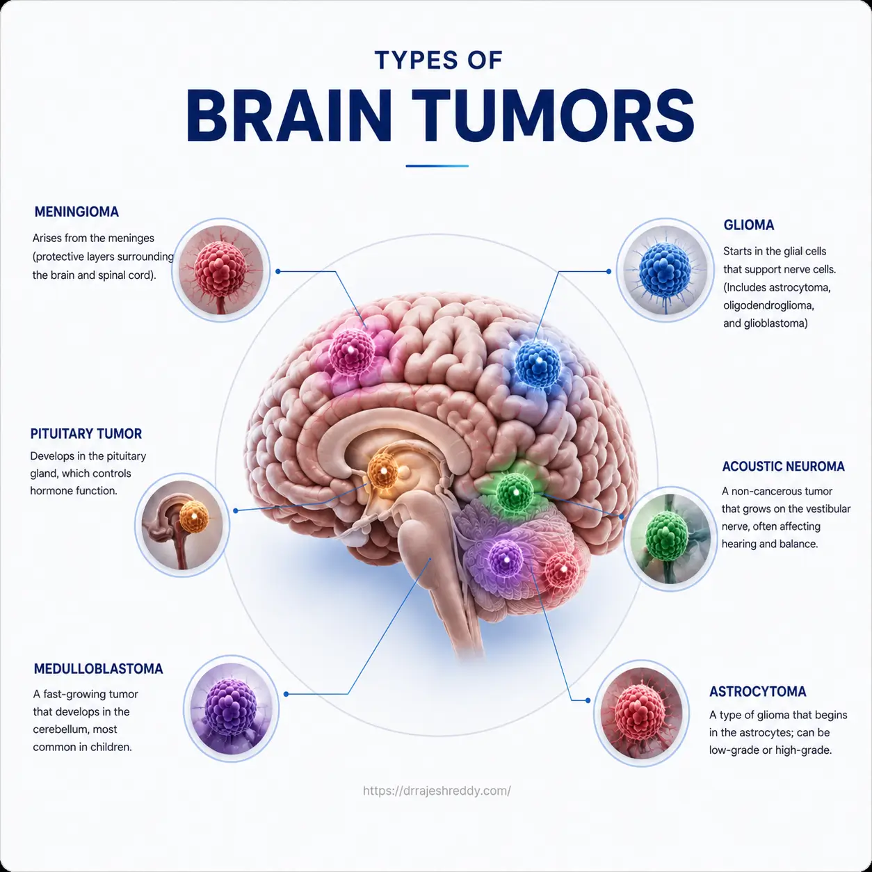 Types of Brain Tumors Classification Infographic showing Glioma, Meningioma, Pituitary, Schwannoma, Medulloblastoma
