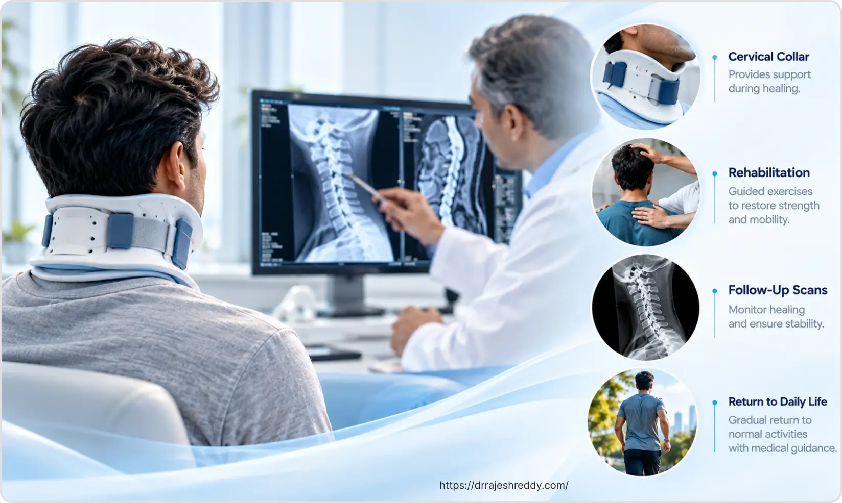 Cervical fracture recovery with collar support, follow-up scans, rehabilitation, and gradual return to daily life