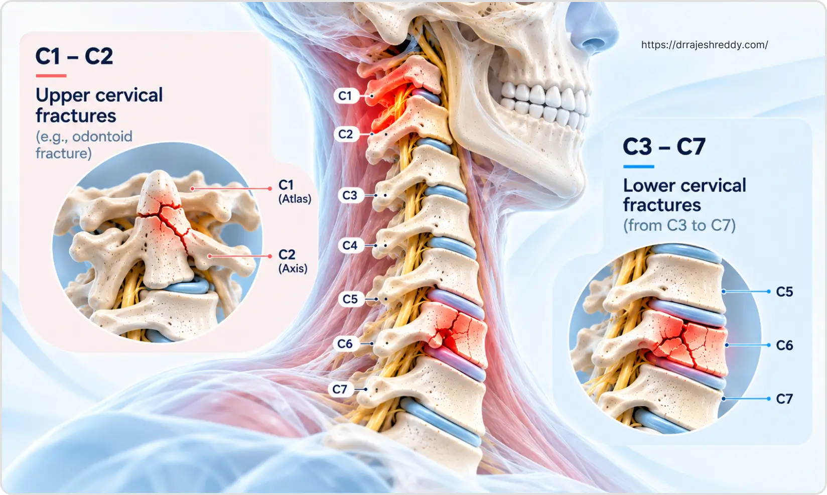 Diagram showing upper C1-C2 and lower C3-C7 cervical spine fracture locations